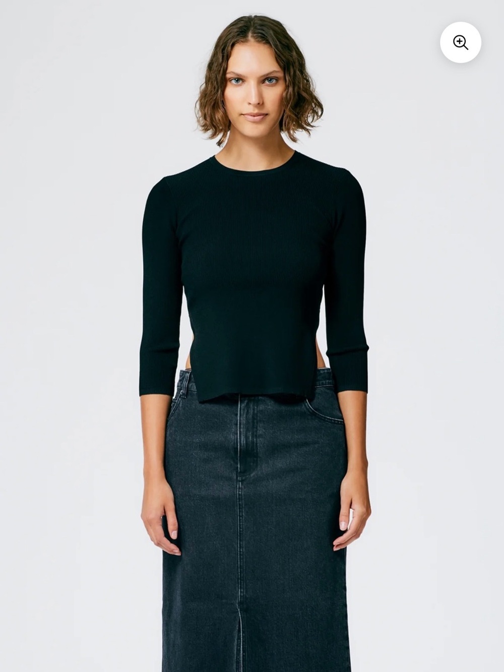 Tibi Giselle stretch sweater  Black Slim Ribbed Crewneck  3 quarter Sleeve Top